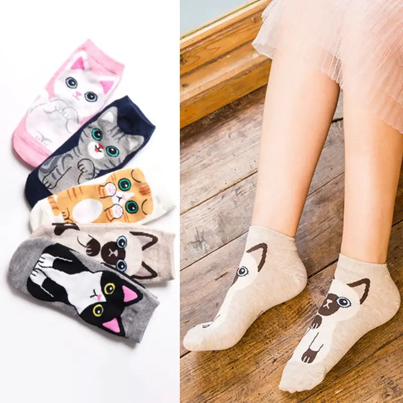 5 пар, женские хлопковые носки-башмачки, Kawaii, милые короткие Чулочные изделия с принтом кота Harajuku