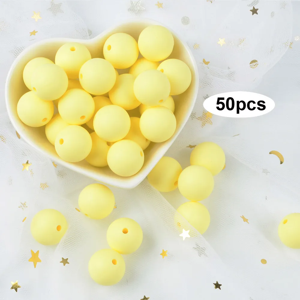 cream yellow LOFCA 12 мм 50 шт./лот Силиконовые бусы для прорезывания зубов Ожерелье Детские Прорезыватели игрушки СИЛИКОНОВЫЕ BPA бесплатно жевательные подвески для новорожденных аксессуары для кормления - Цвет: cream yellow