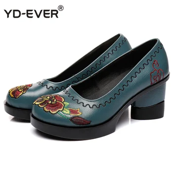 

Spring Women Pumps Retro Embroider Lady 7.5CM High Heels Slip On Platform Pumps Handmade Women Genuine Leather Shoes