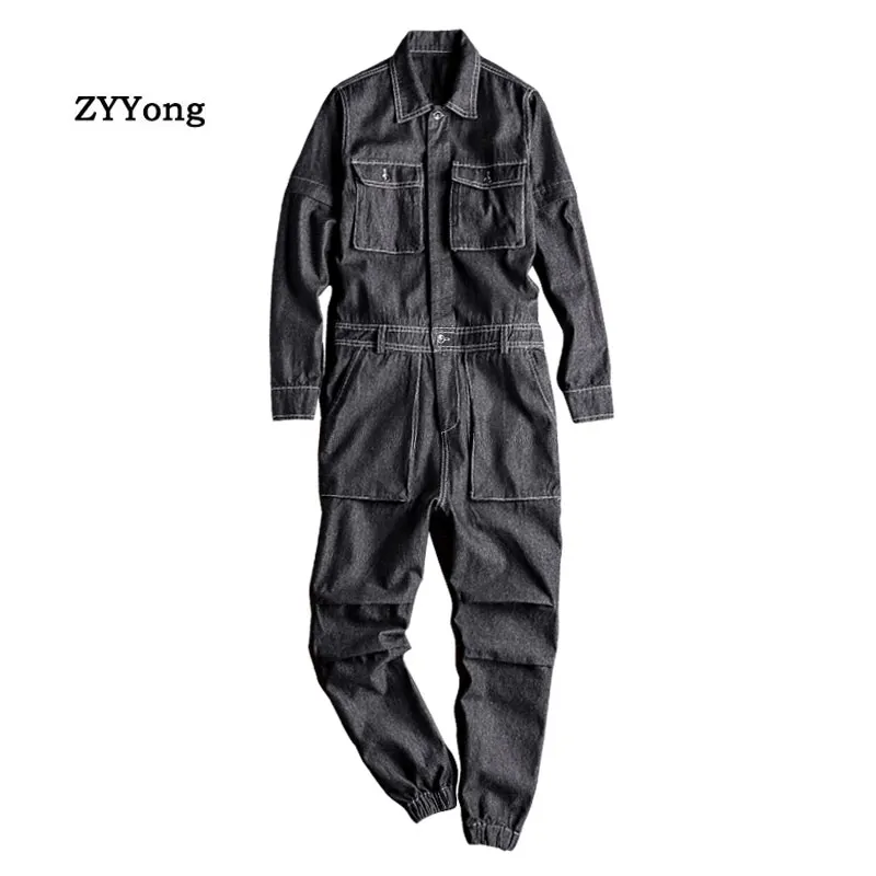 

Men's Denim Jumpsuit Long Sleeve Removable Beam Feet Black Overalls Hip-Hop Jeans Cargo Pants Fashion Leisure Freight Trousers