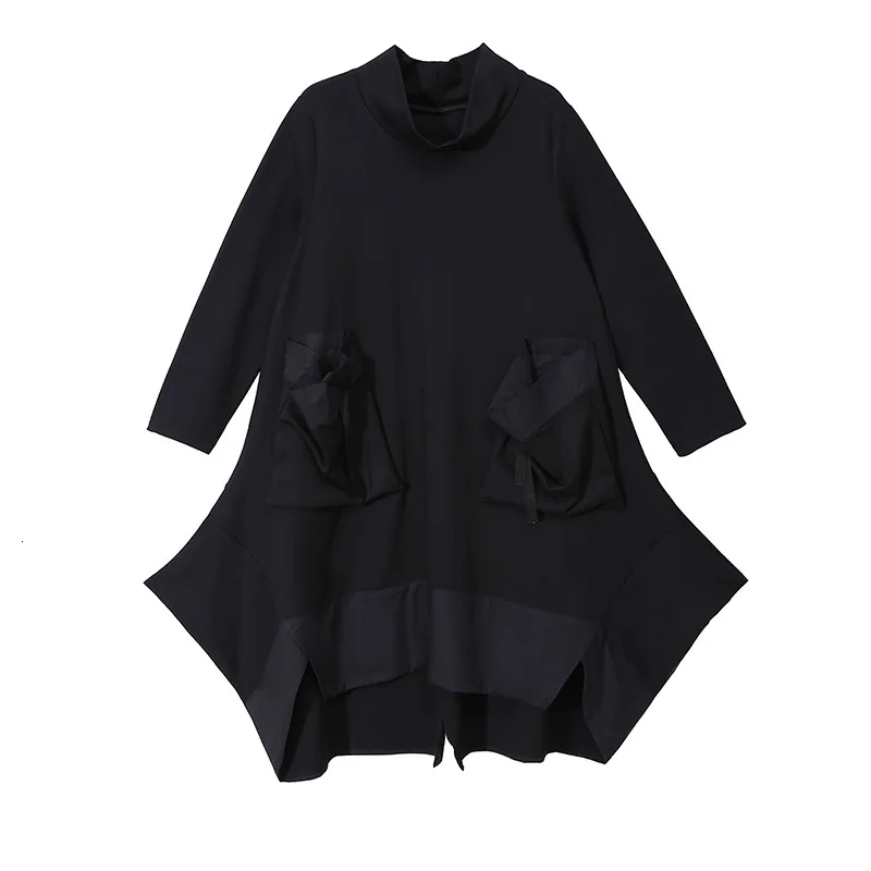 [EAM] женское черное асимметричное платье с карманами и разрезом, новинка, высокий воротник, длинный рукав, свободный крой, мода, весна-осень, 1K729 - Цвет: black