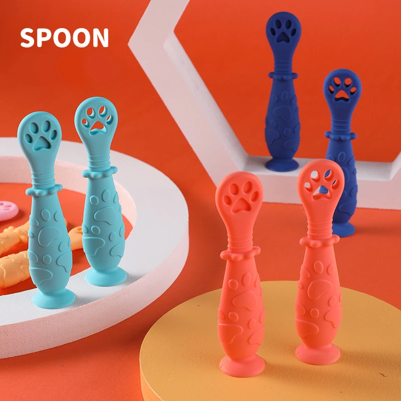 Short Tableware Utensils Learn-Spoon-Set Feeding-Training Baby Silicone Cartoon Infant