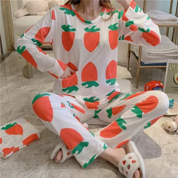

2020 Spring Autumn Good Quality Pajamas For Women Carrot Print Funny Night Sleepwear With Pocket Long Sleeve Pajama Sets