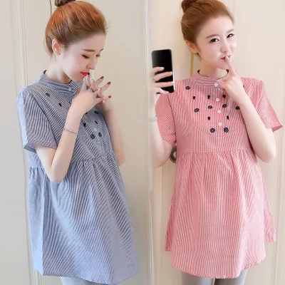 

Maternity Clothes 2019 Summer New Style Korean-style Fashion Short Sleeve Striped Embroidered Cotton Linen Loose And Plus-sized