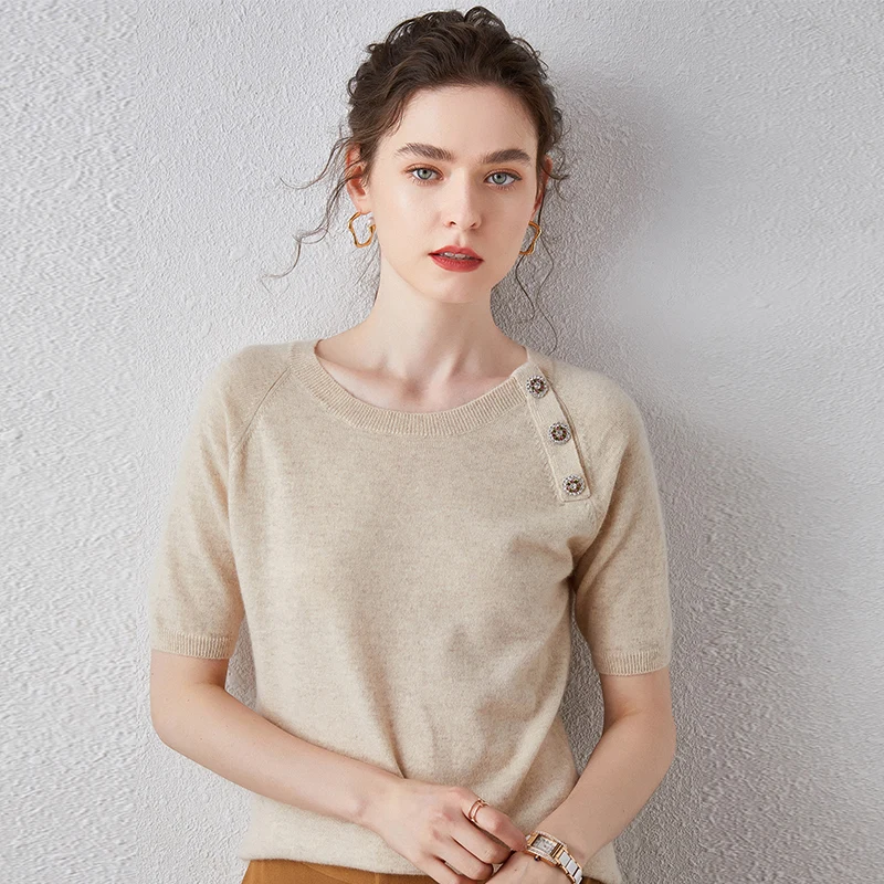 2020 Women 100% Cashmere O-neck Tshirt Short