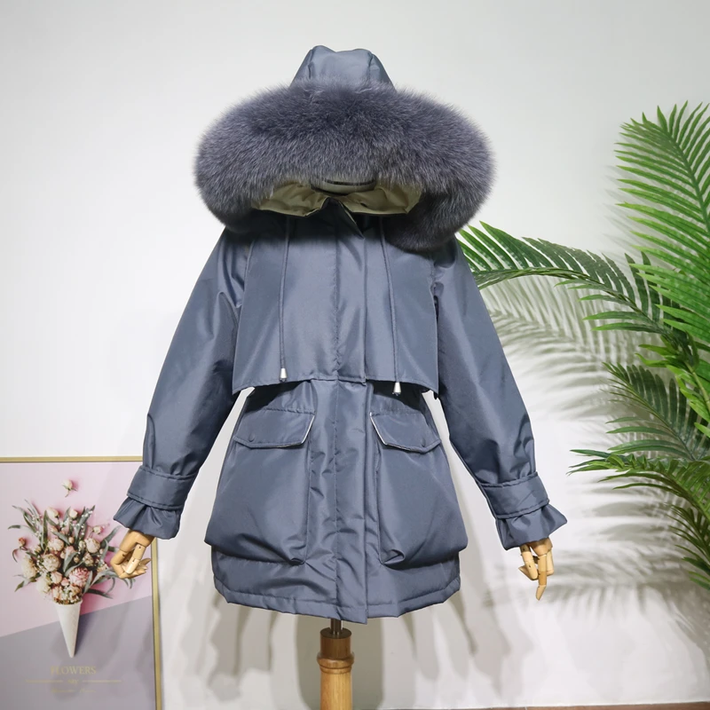 Женская парка с капюшоном и воротником из натурального Лисьего меха свободная