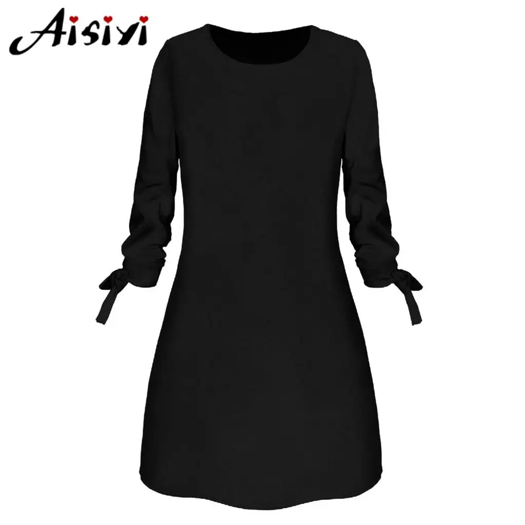 Женское платье с О-образным вырезом однотонное бантом на весну и зиму 2020 | Женская