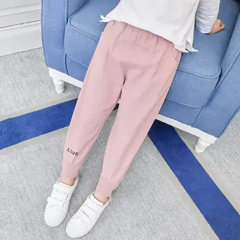 

Girls Pants 2020 New Embroider Love Kids Cotton Letter Print Casual Trousers Irregular Harem Pants Pink Clothes 4-13Y Teenagers
