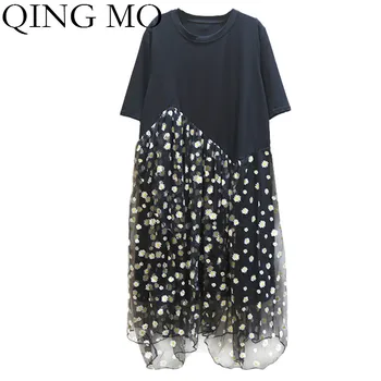 

QING MO Big Size Women Flower Printed Dress 2020 Newest Women Mesh Patchwork Dress Female Elegant Dress ZQY3923