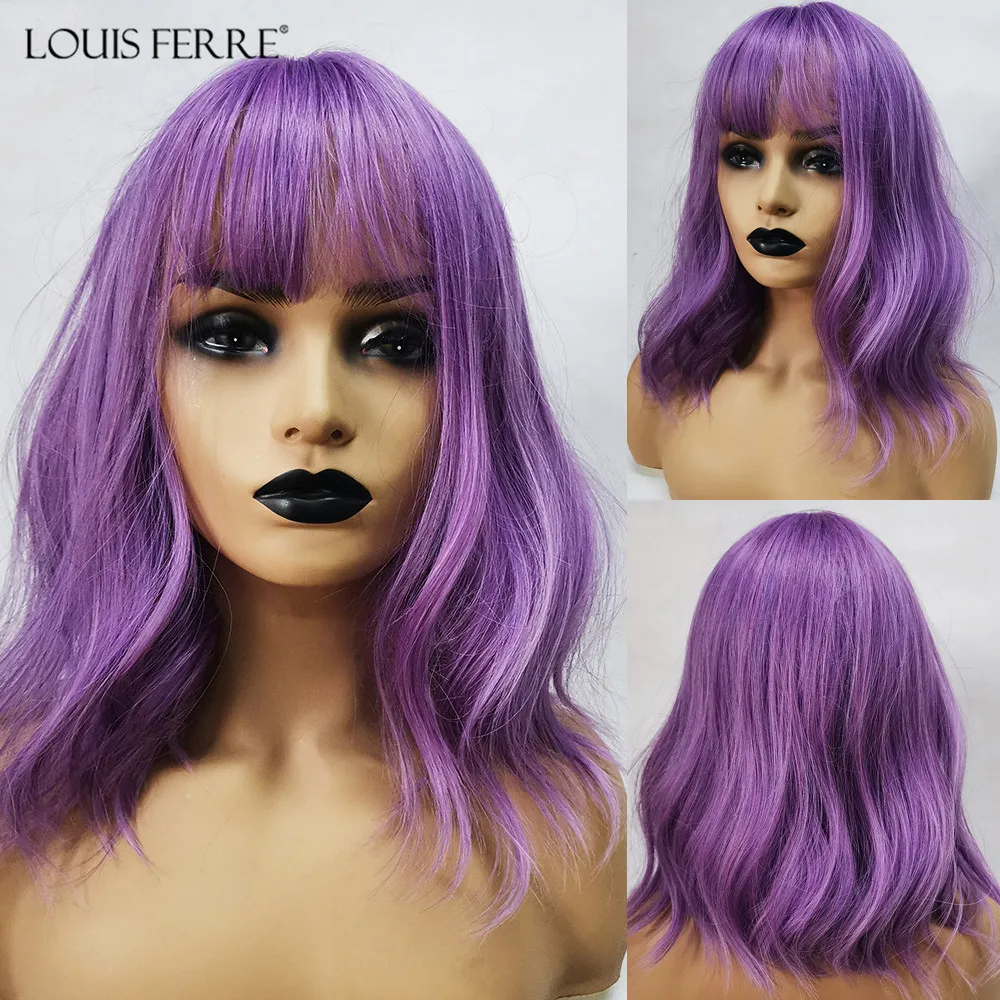 Synthetic Wigs Short-Bob Louis Ferre Purple Women Bangs Heat-Resistant-Fiber Water-Wave