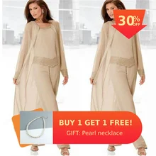 Шампанское мать невесты платья брюки костюм с длинным жакетом бисером струящаяся Шифоновая туника Свадебные платья для гостей 3 штуки