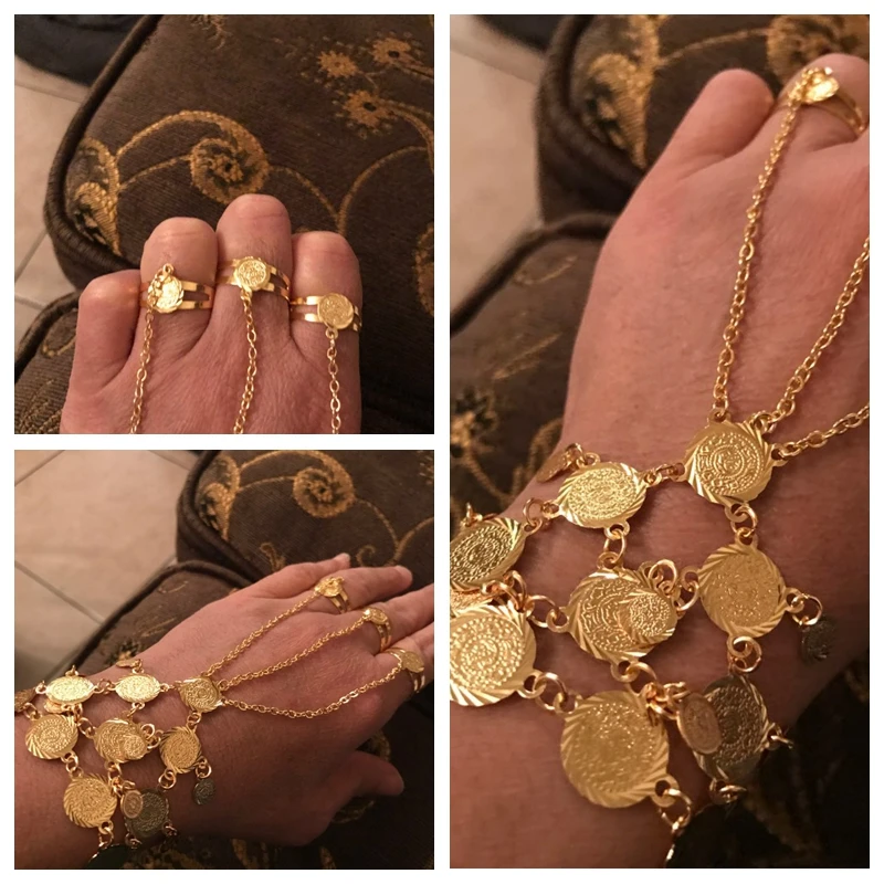 Women Gold Color Coin Bracelet Bangles in chain link Rings Dress Bracelet for Arab Middle East