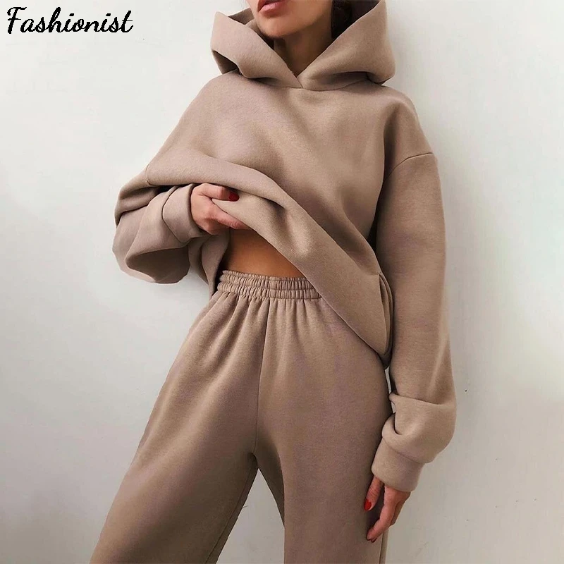Sudaderas con capucha para mujer, conjunto de dos piezas, jersey de manga larga liso informal con bolsillos, traje, pantalones deportivos elásticos, chándal para mujer 2021