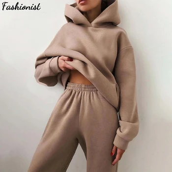 Women Elegant Solid Sets For Women Warm Hoodie Sweatshirts And Long Pant Fashion Two Piece Sets Ladies Lace Up Sweatshirt Suits 1