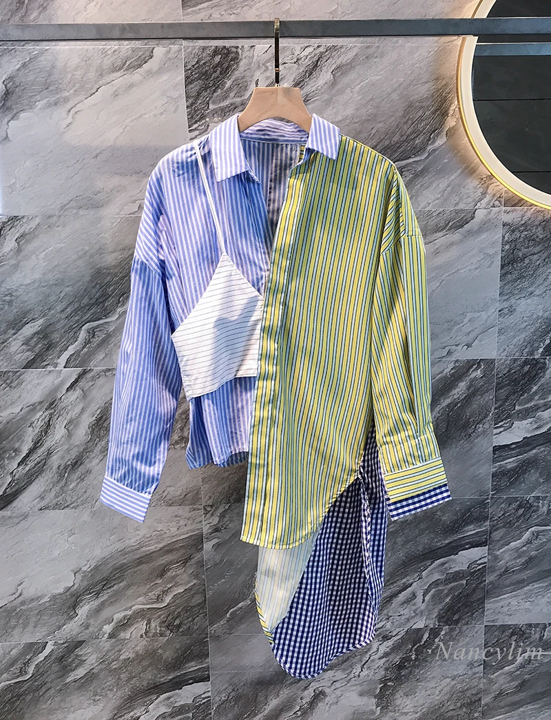 

2020 Autumn New Striped Stitching Contrast Color Irregular Casual Shirt Women's Street Blouse Blusas Mujer Nancylim