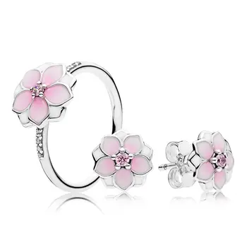 

NEW 2017 100% 925 Sterling Silver Magnolia Bloom Spring Flowers Ring Gift Set Charms rings Fit DIY Original Jewelry A Set