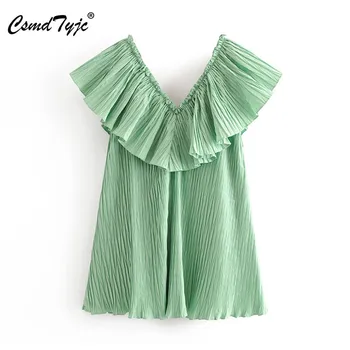 

Stylish Sweet Pleated Ruffles Mini Dress Sexy V neck sleeveless female Dress Casual Summer Solid Dresses Vestidos Mujer