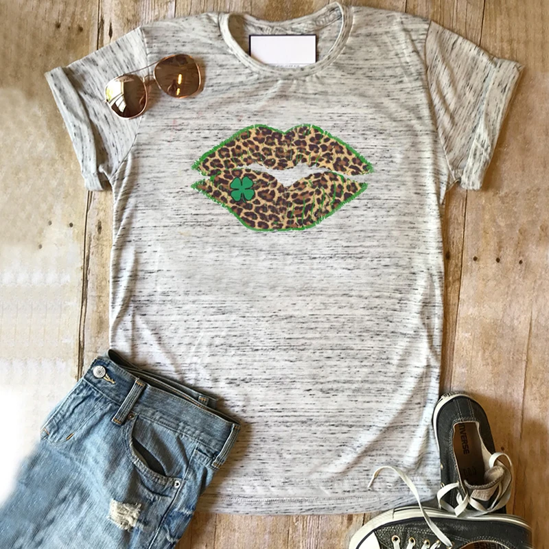 

Women Leopard Tshirt St. Pattys Day 2020 Shamrock Tee Womens Irish Graphic Tees Gothic Saint Patricks Day Lip Shirt