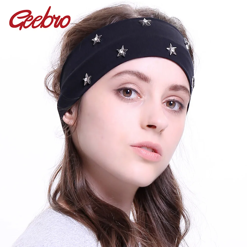 

Geebro Женская мода эластичная плоская стрейчевая повязка на голову со звездой стразы головной убор для девушек однотонные мягкие Аксессуары для волос