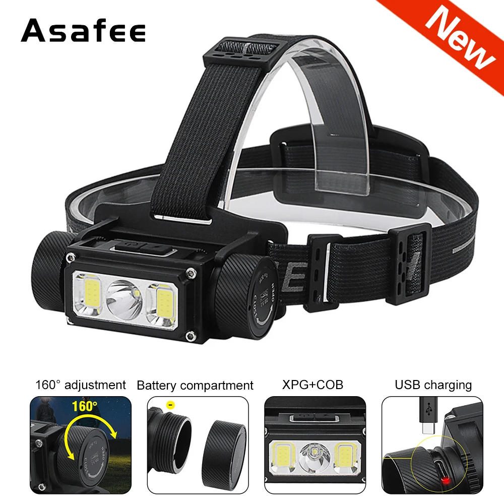 Светодиодный налобный фонарь Asafee B40 5 режимов XPG2 COB светодиодный 18650 с зарядкой от