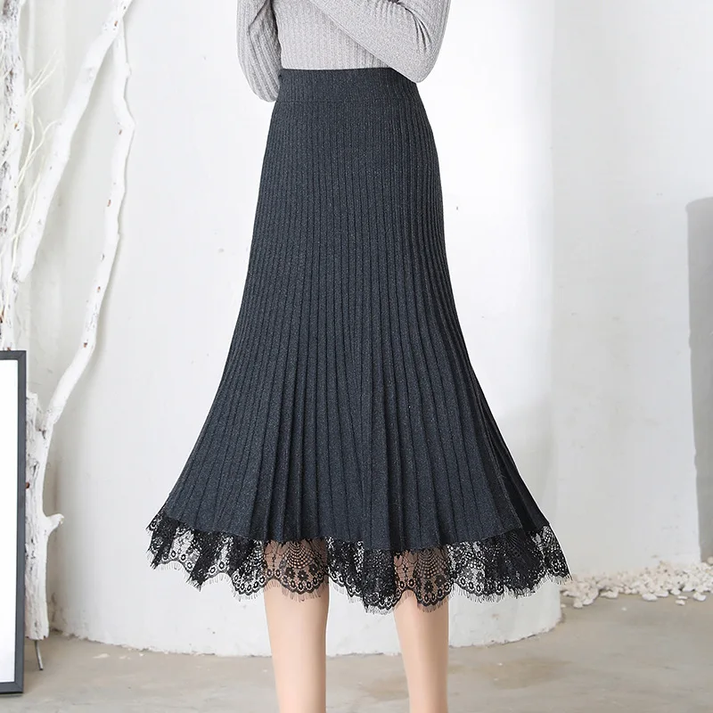 Осень и зима новое поступление трикотажная юбка Женская высокая талия стрейч Сексуальная юбка кружевная панель плиссированная юбка