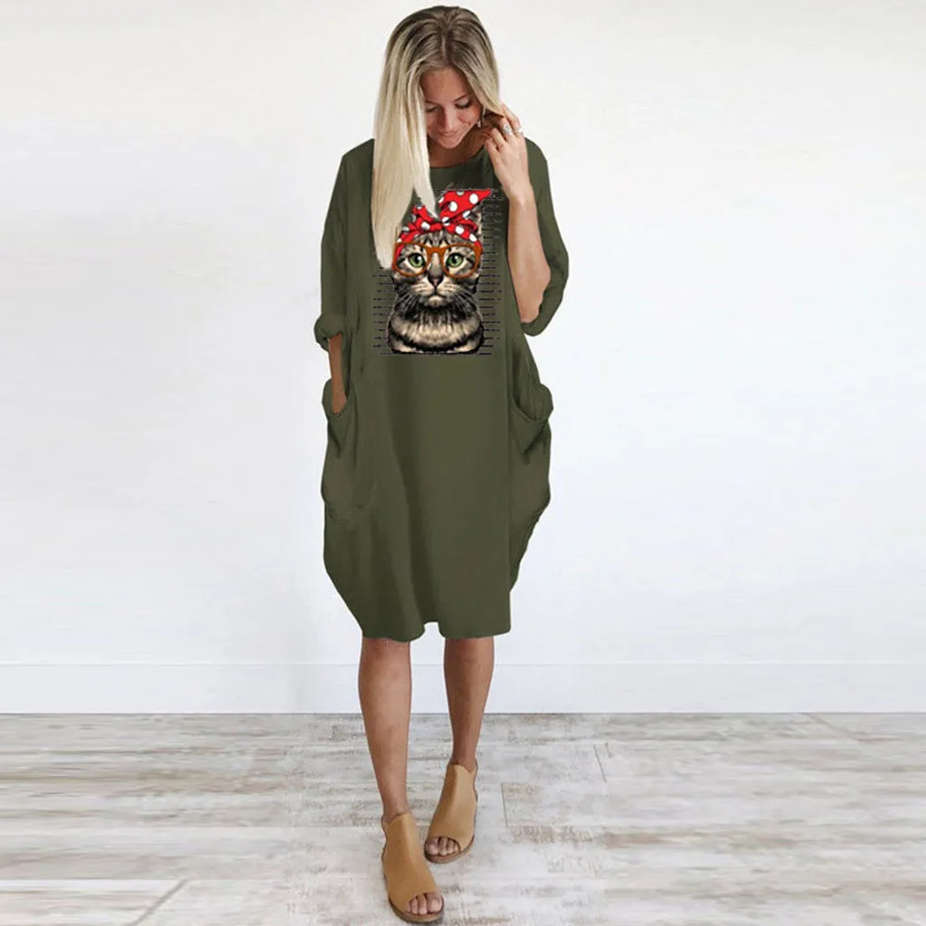Cat Long Dress Women Plus Size 3XL O-Neck платье Summer Fashion HOT Long Sleeve Printed Short Mini Autumn A-Line Dress Wholesale