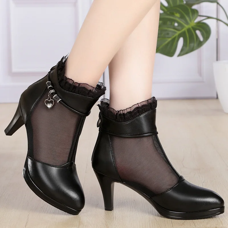 

2019 Spring And Autumn New Style Europe And America Thin Heeled High-Heel Net Boots Large Size Large Size Mom Shoes Leather Sand