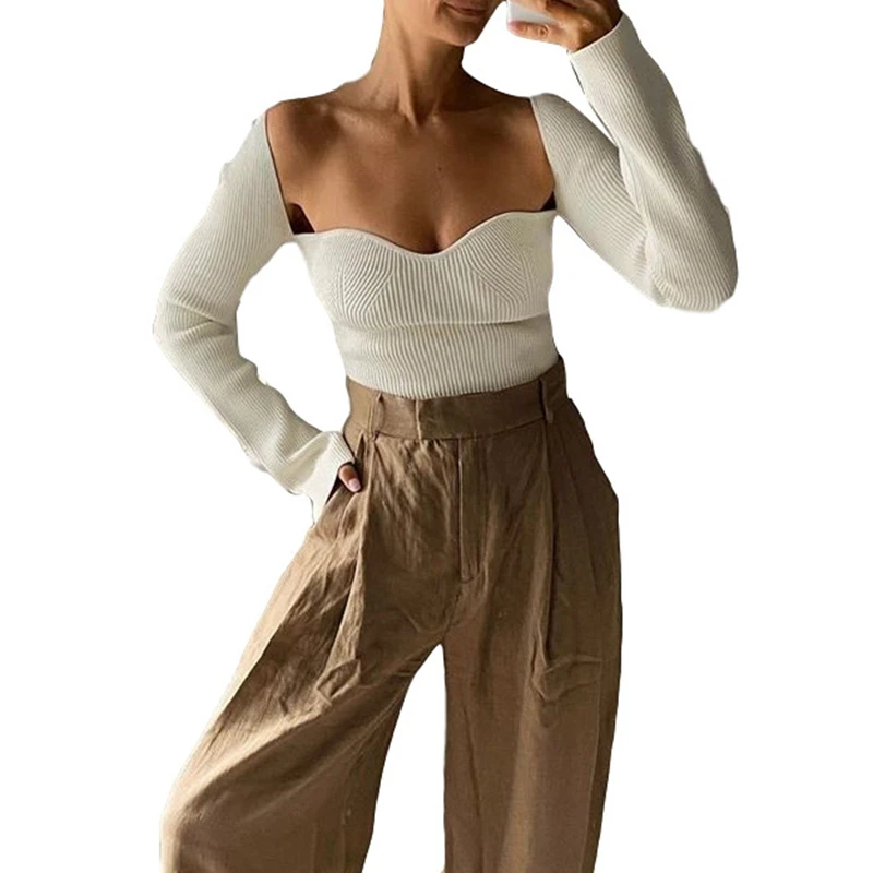 Dropshipping Square Collar Pullover Women Jersey Knitting Tops Long Sleeves Retro Brief Sexy Autumn Style White Sweater Female | Женская