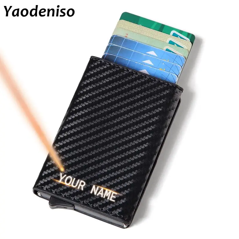 

Laser engraving Men Wallet Credit Card Holder mini Aluminum Box Card Wallet RFID Leather Pop Up Card Case Coin Purse gift