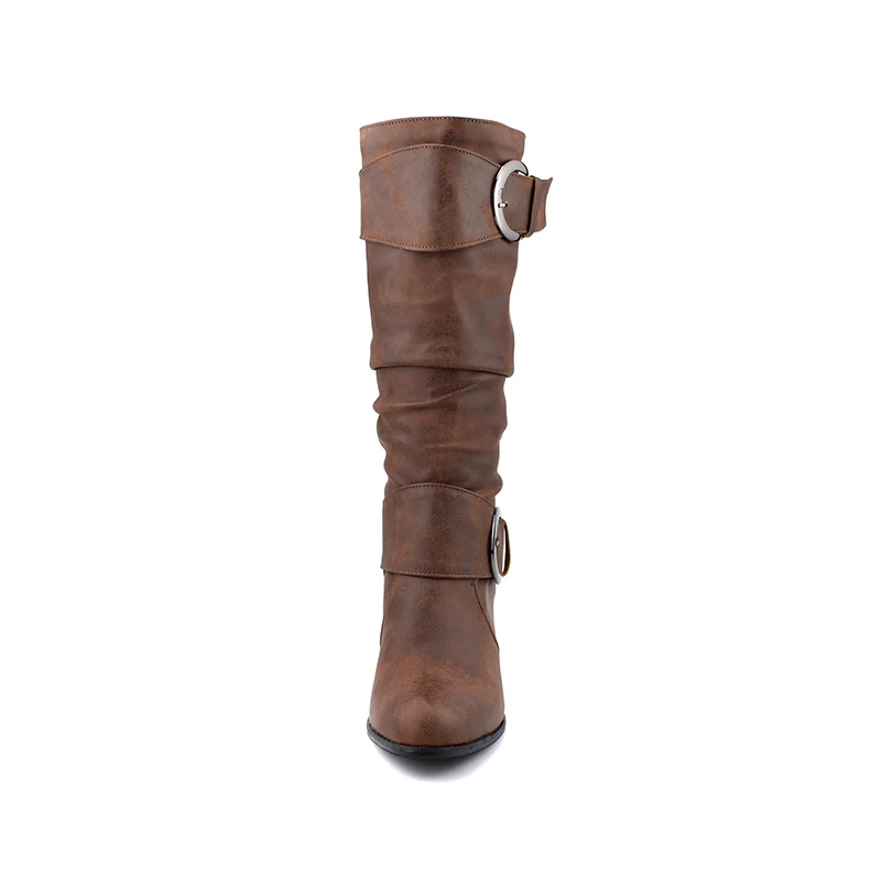 Женские модные ботинки до середины икры с пряжкой; женские повседневные ботинки без застежки с острым носком; женская обувь из мягкой искусственной кожи; большие размеры