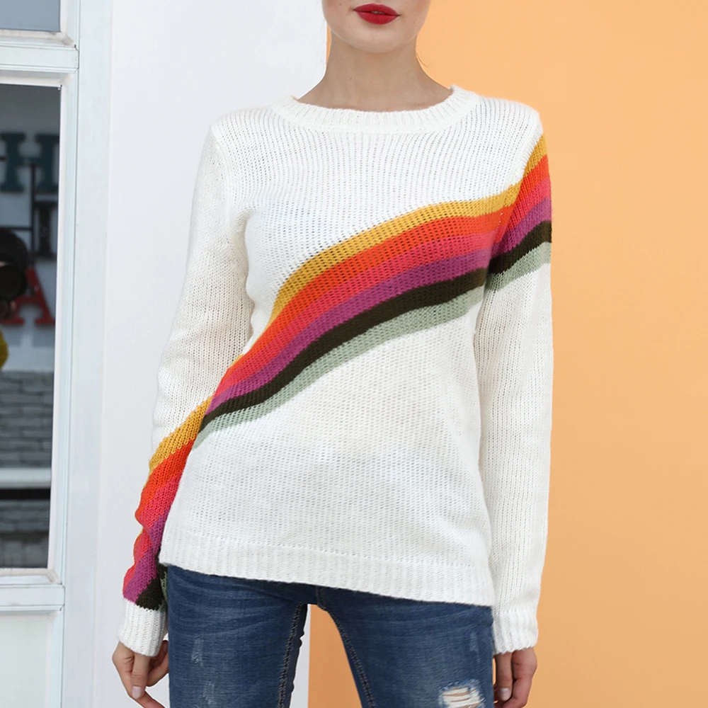 

Fashion Rainbow Striped Sweaters for Women Fall Winter Patchwork Long Sleeved Knitted Pullover Sweaters Loose Jumpers Knitwear