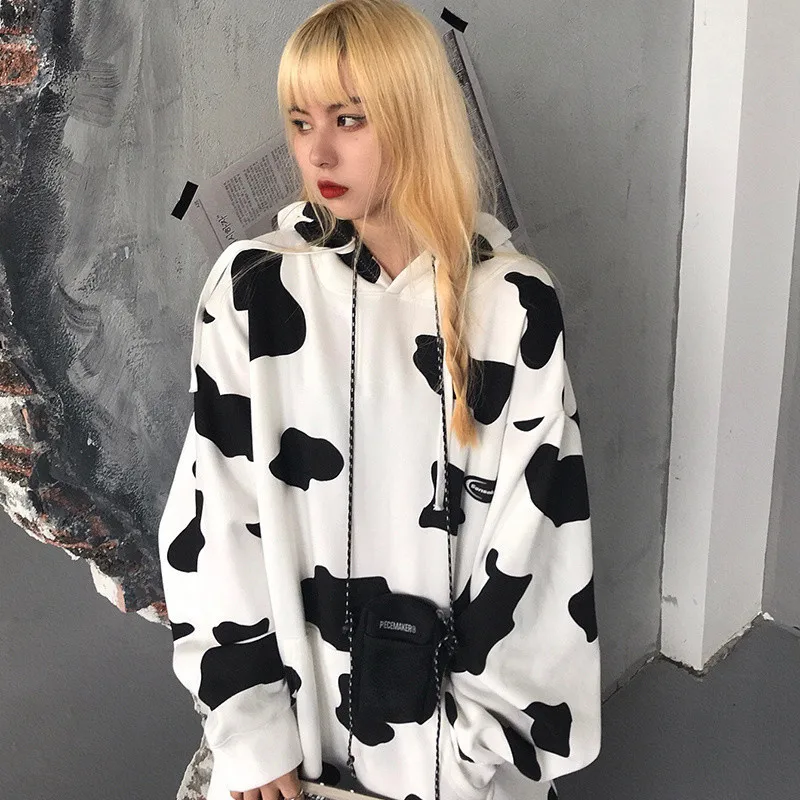 

Streetwear Harajuku Tops Autumn Girls Women White Sweety White Cow Fashion Womens Casual High Street Spring Loose Sweatshirts