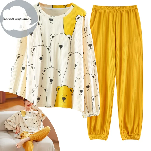 Autumn Sleep Lounge Pajama Long Sleeved Top Polka Dots Women Pajama Sets Cartoon Pyjamas Cotton Sleepwear Women M L XL XXL XXXL 2