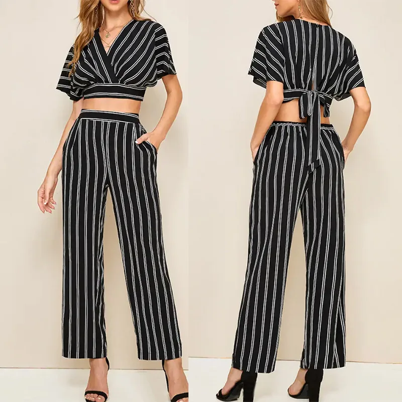 

Woman Suit European and American Style Striped V-neck Short-sleeved Short Jacket + Casual Trousers Set Two-piece