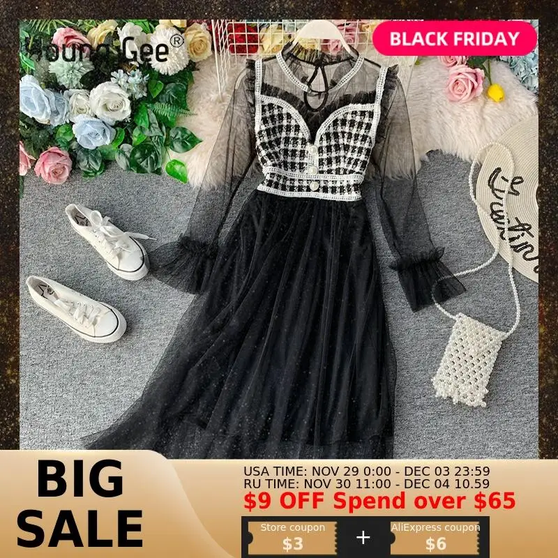 YoungGee осень весна элегантное женское платье с расклешенными рукавами клетчатый