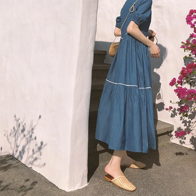 

Square Collar Dress Women's 2019 New Style Summer France Non-mainstream Platycodon Grandiflorum Skirt Retro Elegant Long Skirts