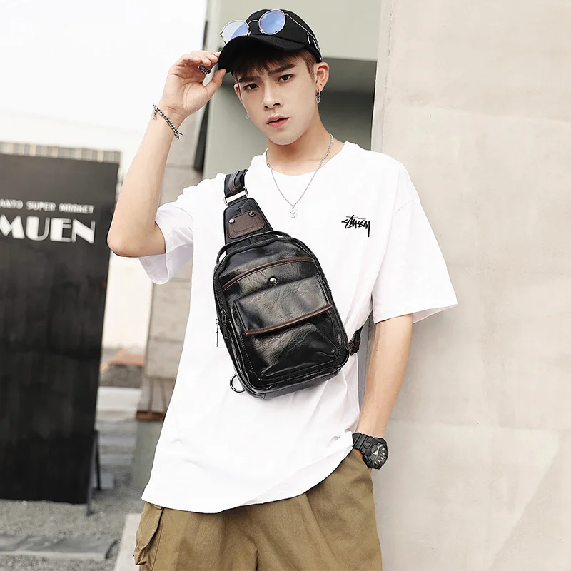 

2019 new chest bag men's PU leather shoulder Messenger bag large capacity men's bag