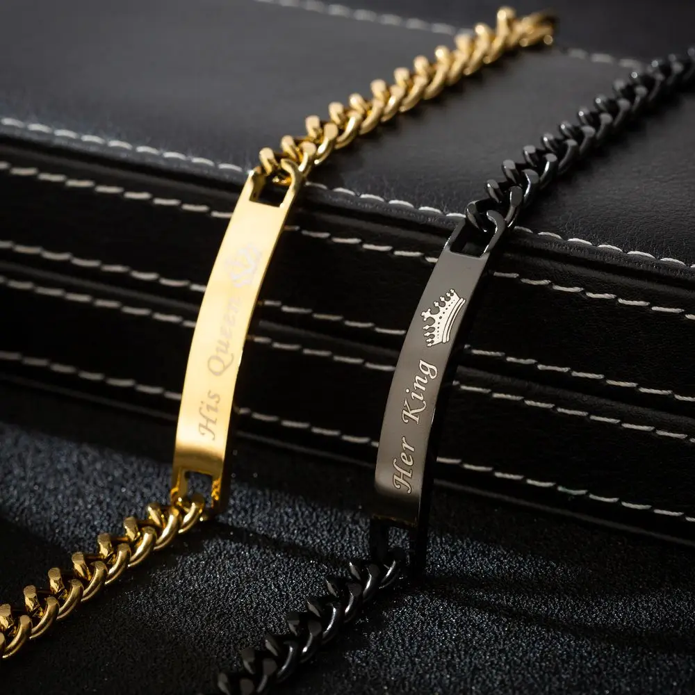 Reines Schwarzgold Farbe Blank König Königin Prinz Prinzessin Edelstahl Armband Paar Schmuck Valentinstag Geschenk Großhandel – Detail 7