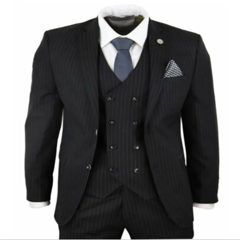 Мужской костюм из 3 предметов Gatsby 1920s Peaky Blinders Гангстер в тонкую полоску, сшитый по индивидуальному заказу, полиэстер+ хлопок, две кнопки, мужские костюмы