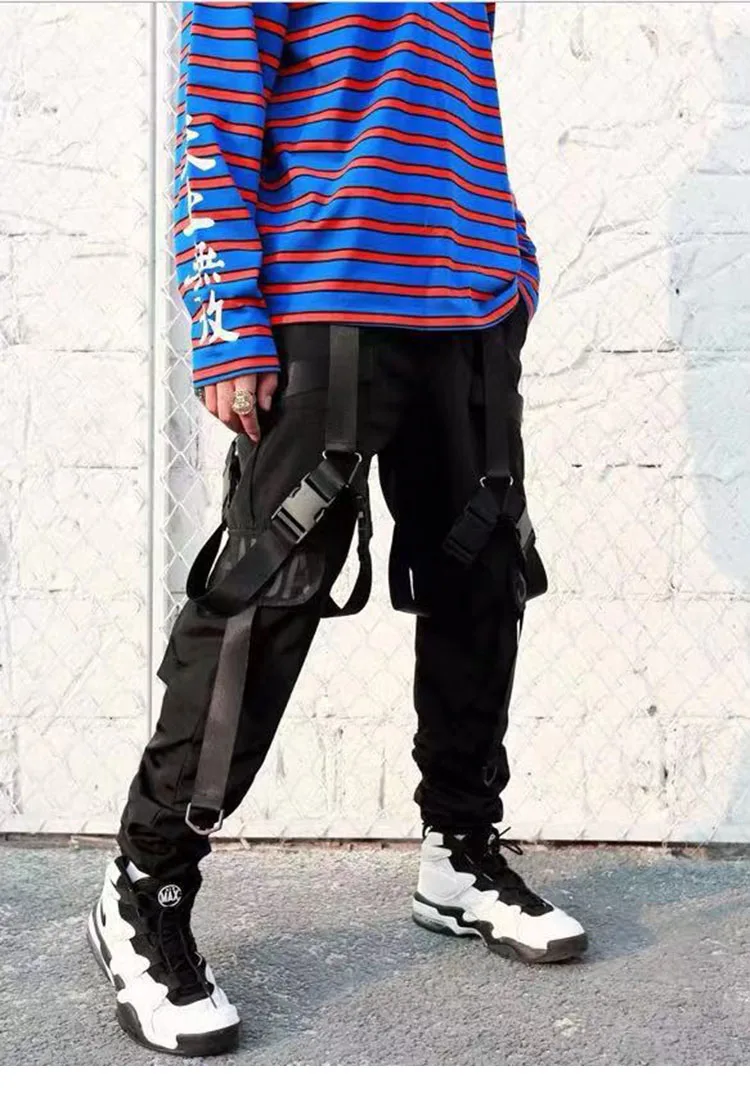 Хип-хоп брюки Карго карманы мужские уличные Харадзюку шаровары резинка с пряжкой джоггеры брюки черные хип-хоп спортивные брюки осень