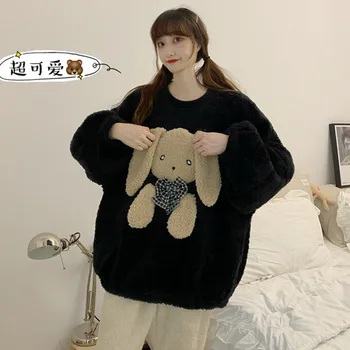 

Cute Winter Flannel Pajamas Set Women's Sleepwear Thick Plush Animal Cartoon Bear Warm Girl Plus Velvet Homewear Female