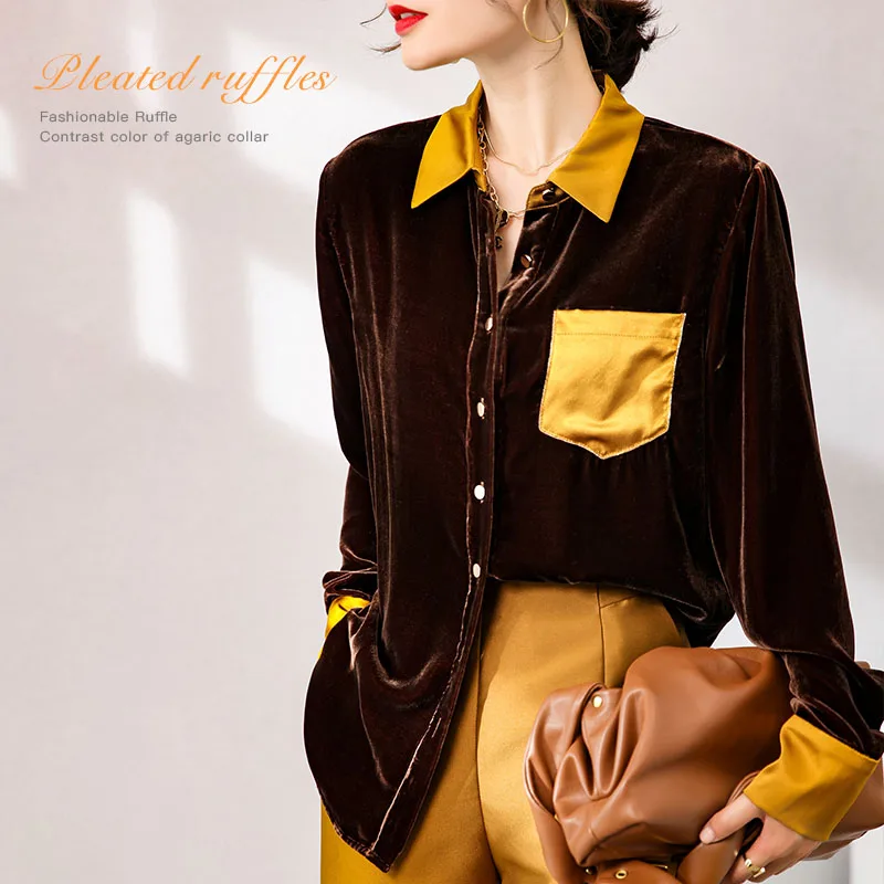 100% Silk Women's Runway Shirts Turn Down Collar