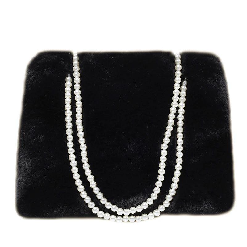 Plush Tote Bags Black Furry Luxury Designer Handbag Soft Fluffy Bag Pearl Fur Shoulders Bags For Women 2021 Winter Lady's Purse