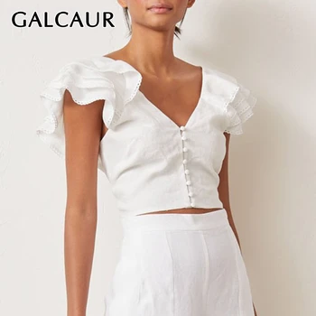 

GALCAUR Korean Patchwork Ruffle Women's Shirt V Neck Short Sleeve Hollow Out Short Blouse Female 2020 Summer Fashion New Clothes