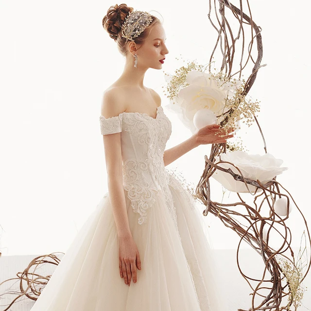 LDR12 White Off-shoulder Wedding Dress Bride 2021 Flowers Print Tube Top Elegant Lace Backless Trailing Gown платье на свадьбу 3