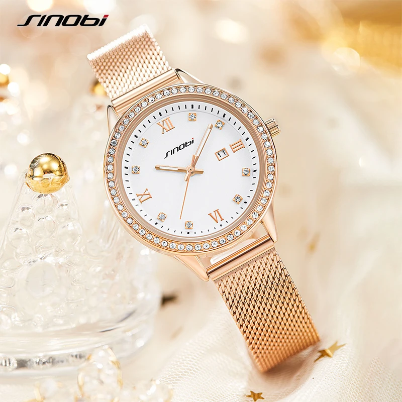SINOBI Fashion Diamond Woman Watches Golden Women Quartz Wristwatches Elegent Ladies Calender Gift Box Clock Relogio Feminino