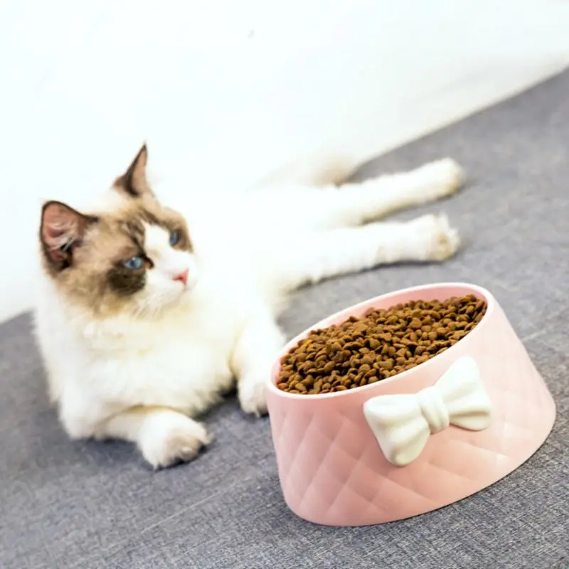 Cute Pet Feeder Rhombus Texture Bow-knot Candy Color Small Dog Cats Bowl
