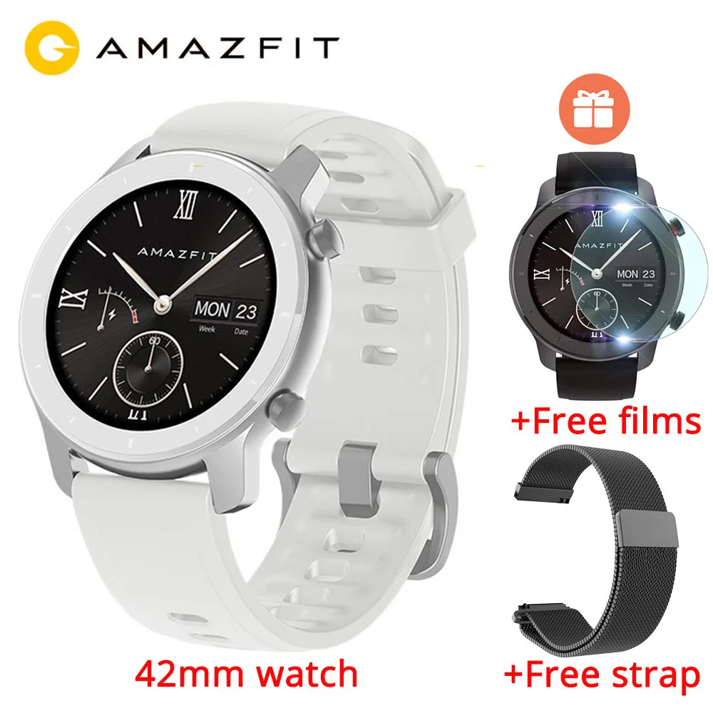 Huami, AMAZFIT GTR, 42 мм, Смарт-часы, 5 АТМ, водонепроницаемые часы, 1,2 дюймов, AMOLED, gps+ ГЛОНАСС, мужские Смарт-часы, 12 дней, срок службы батареи - Цвет: white 42mm N black