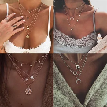 

Bohemian Crystal Moon Map Beads Shell Necklace For Women Vintage Multilayer Geometric Choker Necklaces Pendants Fashion Jewelry