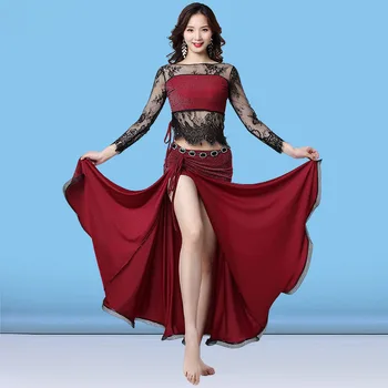 

New Fashion Belly Dance Lesson Wear Women Dance Clothes Belly Dance Costume Set Long Sleeves Floral Lace Top and Long Skirt